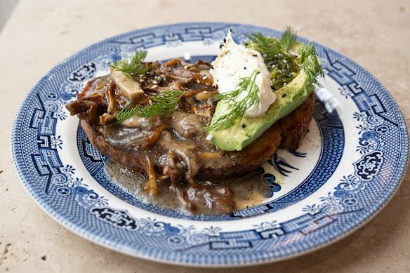 Mushroom and avocado on sourdough toast with mushroom jus. 