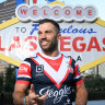 Roosters skipper James Tedesco poses for photos outside Resorts World in Las Vegas on Wednesday evening.