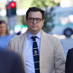 David Sharaz, partner of Brittany Higgins, arrives at court in Perth.