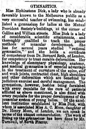 An article in The Age of April 4, 1879, announcing the opening of Harriet and Alice’s gymnasium for women.