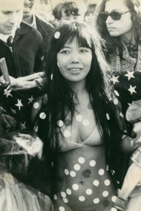 Yayoi Kusama at Bust Out Happening 1969, Sheep Meadow in Central Park, New York.