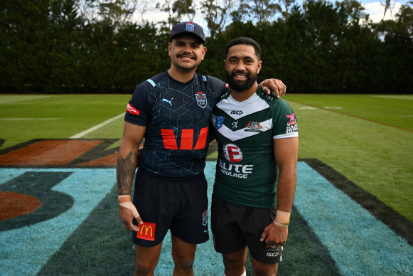 Latrell Mitchell and Semisi Kioa after their scrimmage.