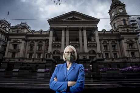 Lord mayor Sally Capp outside Melbourne Town Hall during last year’s stage four restrictions.
