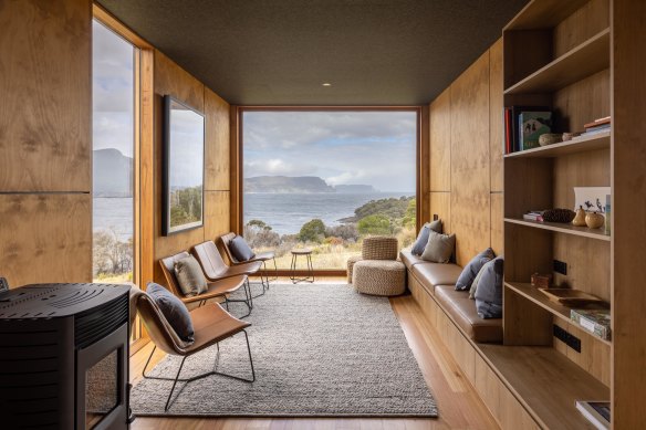 Inside the main lodge at Crescent Bay Camp, with a view to Tasman Island.