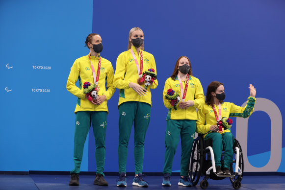 Ellie Cole, Keira Stephens, Emily Beecroft and Isabella Vincent after receiving their bronze medals.