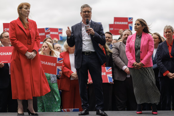 Keir Starmer and Labour’s deputy leader Angela Rayner (left) on the first day of campaigning for the July election.