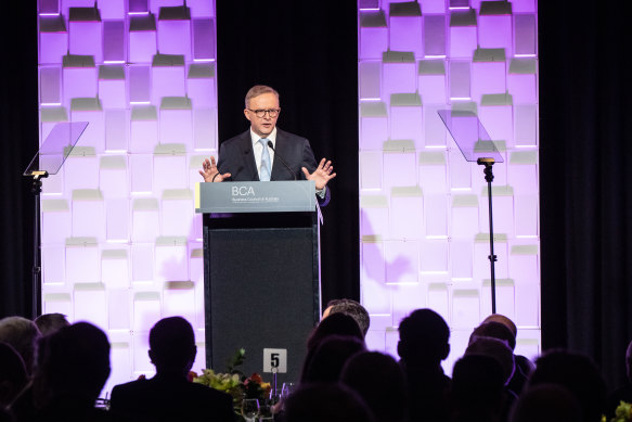 Prime Minister Anthony Albanese addresses the Business Council of Australia 2023 Annual Dinner.