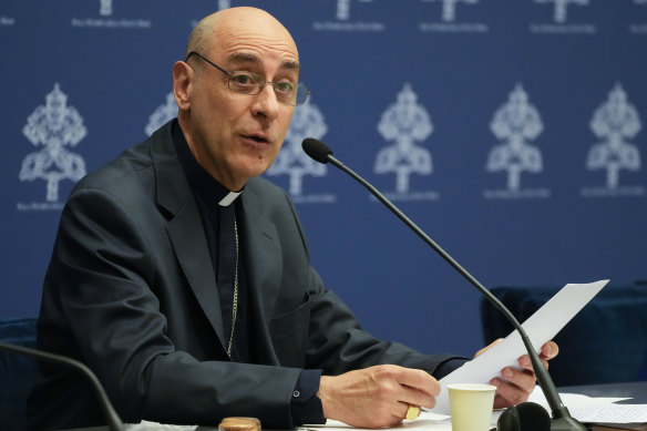 The prefect of the Vatican’s Dicastery for the Doctrine of the Faith, Cardinal Victor Manuel Fernandez, presents the declaration ‘Dignitas Infinita’ (Infinite Dignity) during a press conference.