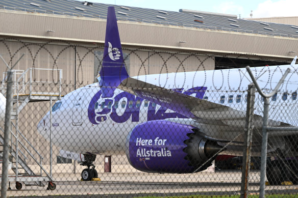 One of Bonza’s 737 Max 8s blocked off at the end of Melbourne Airport.