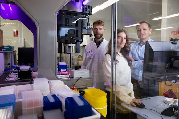 Chief scientific officer Jared Raynes (left), head of nutrition Shae Rickards and chief executive Jan Pacas at the All G lab in Sydney. 