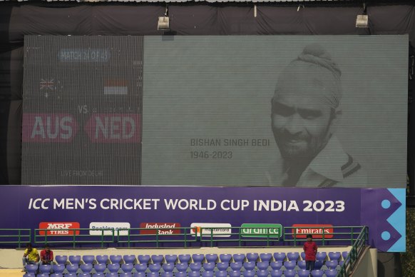 The portrait of former Indian cricketer Bishen Singh Bedi, who passed away a few days back, is displayed on the big screen during the ICC Men’s Cricket World Cup match between Australia and Netherlands in New Delhi, India, Wednesday, Oct. 25, 2023.