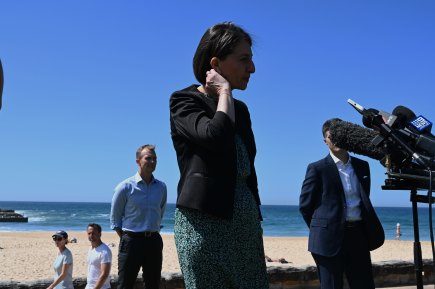 NSW Premier Gladys Berejiklian, Planning Minister Rob Stokes (left) and Customer Services Minister Victor Dominello launch the government's COVID safe plan for summer at Manly.