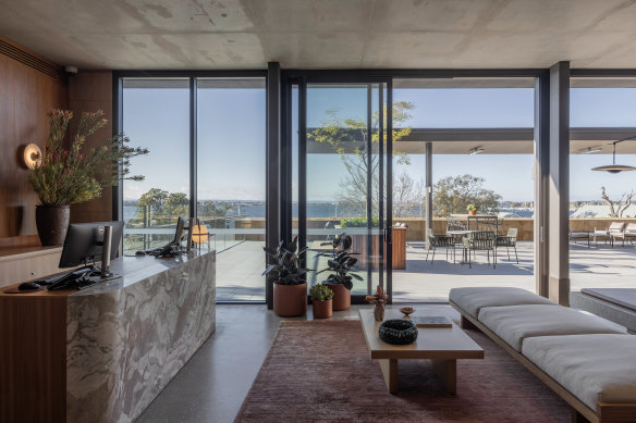 Serene outlooks: terrace views of the Swan River and peppermint trees.