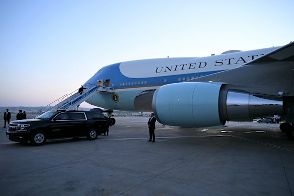 The old Air Force One on the tarmac at Ankara, Turkey, ahead of Trump’s departure.