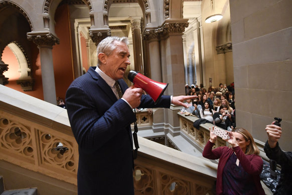 Robert F. Kennedy jnr speaks against proposed Democratic bills that would add new doses of vaccines to attend school, during a protest rally on behalf of New York families last year. 