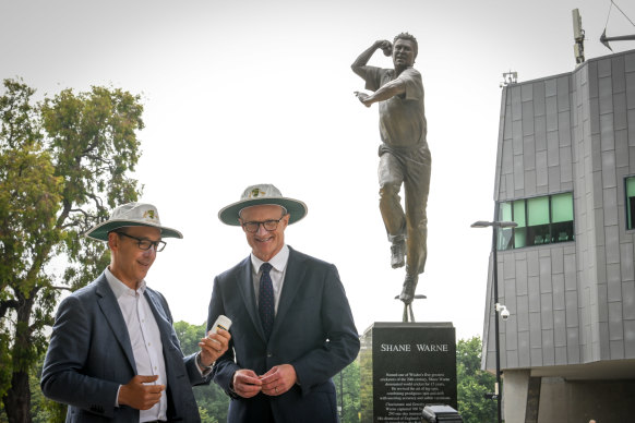 Henderson and the Minister for Tourism, Sport and Major Events, the Hon. Steve Dimopoulos at the media briefing ahead of the  Boxing Day Test match at the MCG since the passing of Australian and Victorian cricket legend, Shane Warne in December 2022.