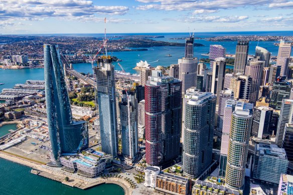 Crown tower stands prominently in Barangaroo.