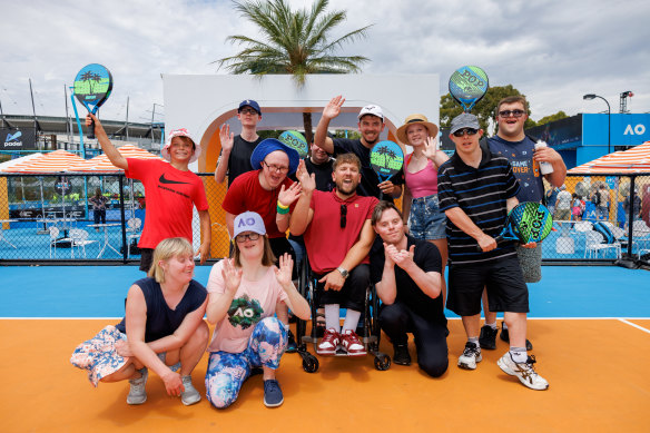 Dylan Alcott with tennis players at the Australian Open on All Abilities Day on Tuesday.