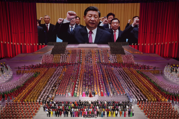 Chinese President Xi Jinping leads a pledge to the Chinese Communist Party ahead of the 100th anniversary of its founding in June last year.