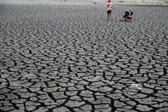 Mark Holdcroft and his son Luca on drought affected Busbys Pond at Centennial Park in Sydney. 