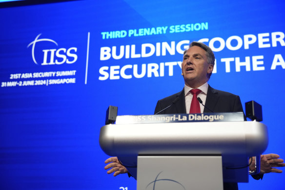Defence Minister Richard Marles speaks during the 21st Shangri-La Dialogue summit in Singapore on Saturday.