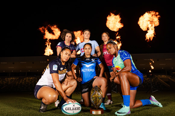 Super W captains (from left): Siokapesi Palu (ACT Brumbies), Melanie Kawa (Melbourne Rebels), Piper Duck (NSW Waratahs), Trilleen Pomare (Western Force), Cecilia Smith (Queensland Reds),  and Asinate Serevi (Fijian Drua). 