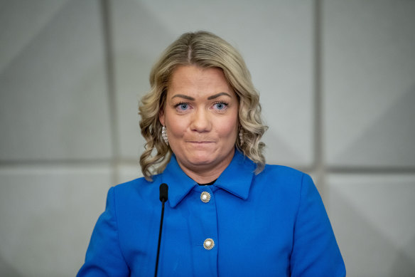 Research and Education Minister Sandra Borch attends a press conference, in Oslo, Norway where she announced that she is resigning as a minister.