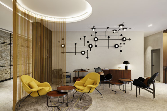 The lobby area features mid-century-inspired decor.