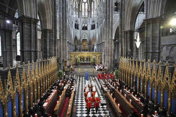 Gentlemen at Arms, the Queen’s bodyguard take part in the funeral service of Queen Elizabeth II at Westminster Abbey.