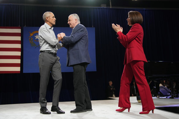 Barack Obama campaigns with Nevada Governor Steve Sisolak and Senator Catherine Cortez Masto.