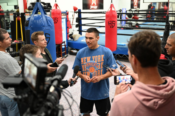 Tim Tszyu fields questions from the travelling Australian media.