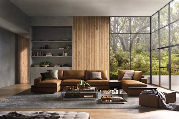 The 2018 Jasper II sofa system by King Living in “prestige saddle” leather upholstery costs from $14,000.