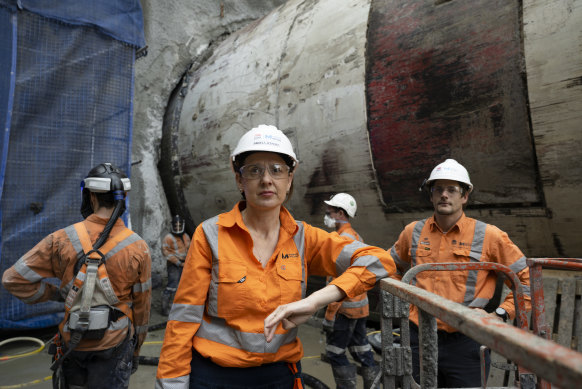 Metro Western Sydney Airport project director Angela Jeffery and southern section project manager Vincent Ganet beside one of the boring machines.