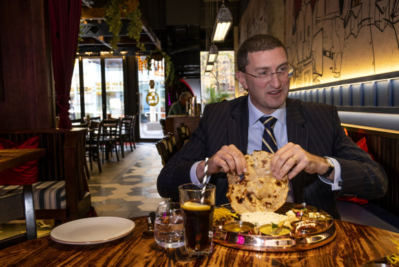 Julian Leeser at lunch at O’Bombay Restaurant in Hornsby.