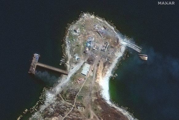 This image shows a burning pier and buildings on the northern end of Snake Island, in the Black Sea, on Thursday.