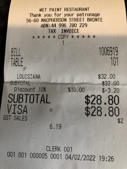 The bill from Wet Paint, Bronte. 