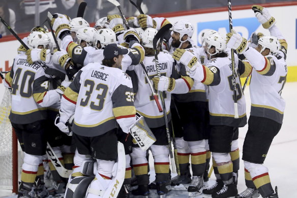 Vegas Golden Knights players celebrate the Western Conference win.