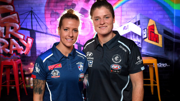 Brianna Davey (right) and Hannah Scott of the Bulldogs will face off in the AFLW Pride game.