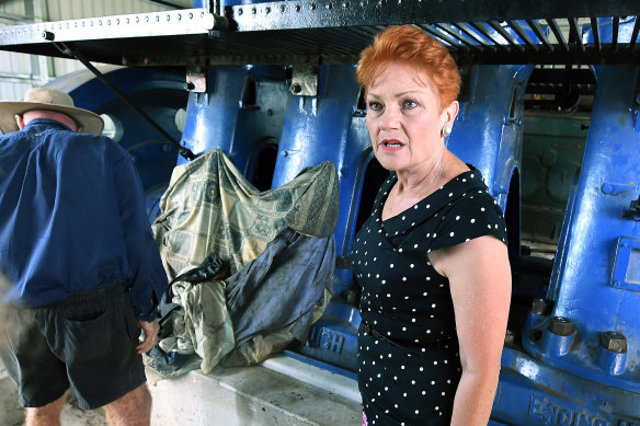 Senator Hanson is seen inspecting old diesel machinery in Ayr on Friday.