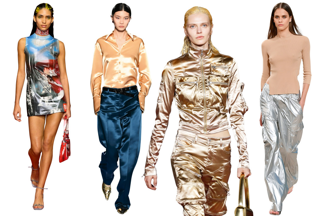 How to move from quiet luxury fashion to PVC, polyurethane, latex, lurex, lamé, patent leather, leather and satin looks in late 2023