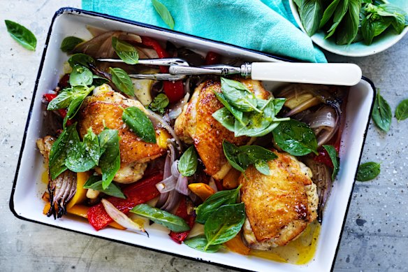 Adam Liaw’s Chicken, capsicum and basil tray bake.