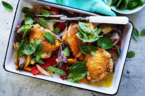 Chicken, capsicum and basil tray bake captures the flavours of summer.

