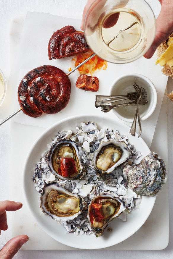 Sydney rock oysters and seafood sausage from Take One Fish by Josh Niland (Hardie Grant).