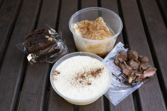 Desserts clockwise from top: galaktoboureko, rocky road, rice pudding and brownie.