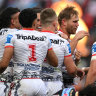 The Dragons celebrate a Jack de Belin try.