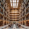The Peabody Stack Room is a great sky-lit atrium constructed around five tiers of cast-iron balconies.
