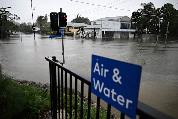 A flooded street in Wilston, in Brisbane’s inner north, as a result of heavy rains from ex-tropical cyclone Alfred.