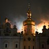 The roof of the Dormition Cathedral of the Kyiv-Pechersk Lavra burns.