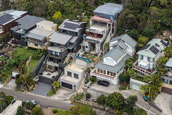 An aerial view of the Newport home at the centre of controversy over unauthorised works. Home in question is third from the right.