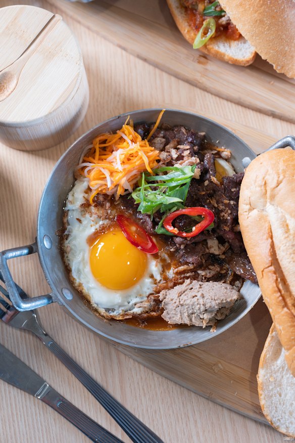 Amara’s Saigon pan with stir-fried beef, eggs and Vietnamese pickles.